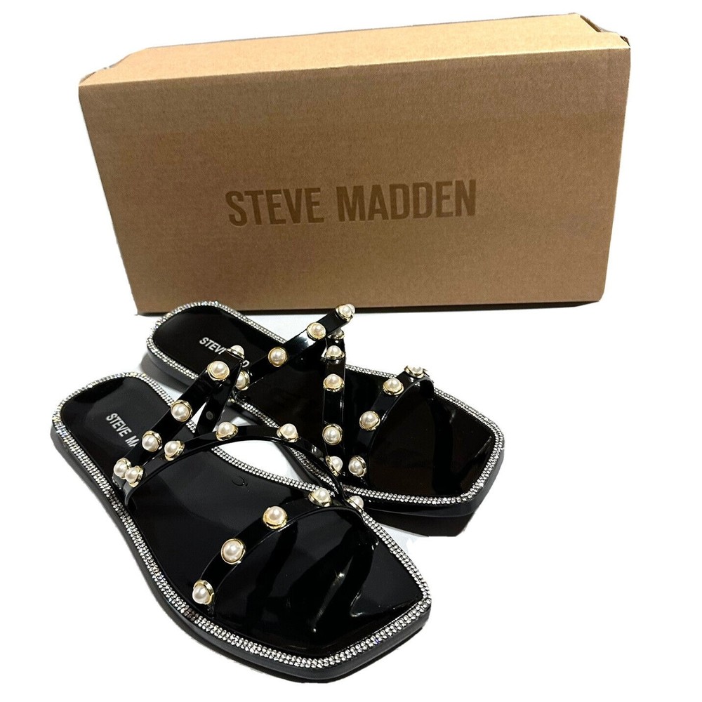 Steve Madden Nonii Womens Sz 8 Jelly Pearl Bling Rhinestone Slide Sandals Black